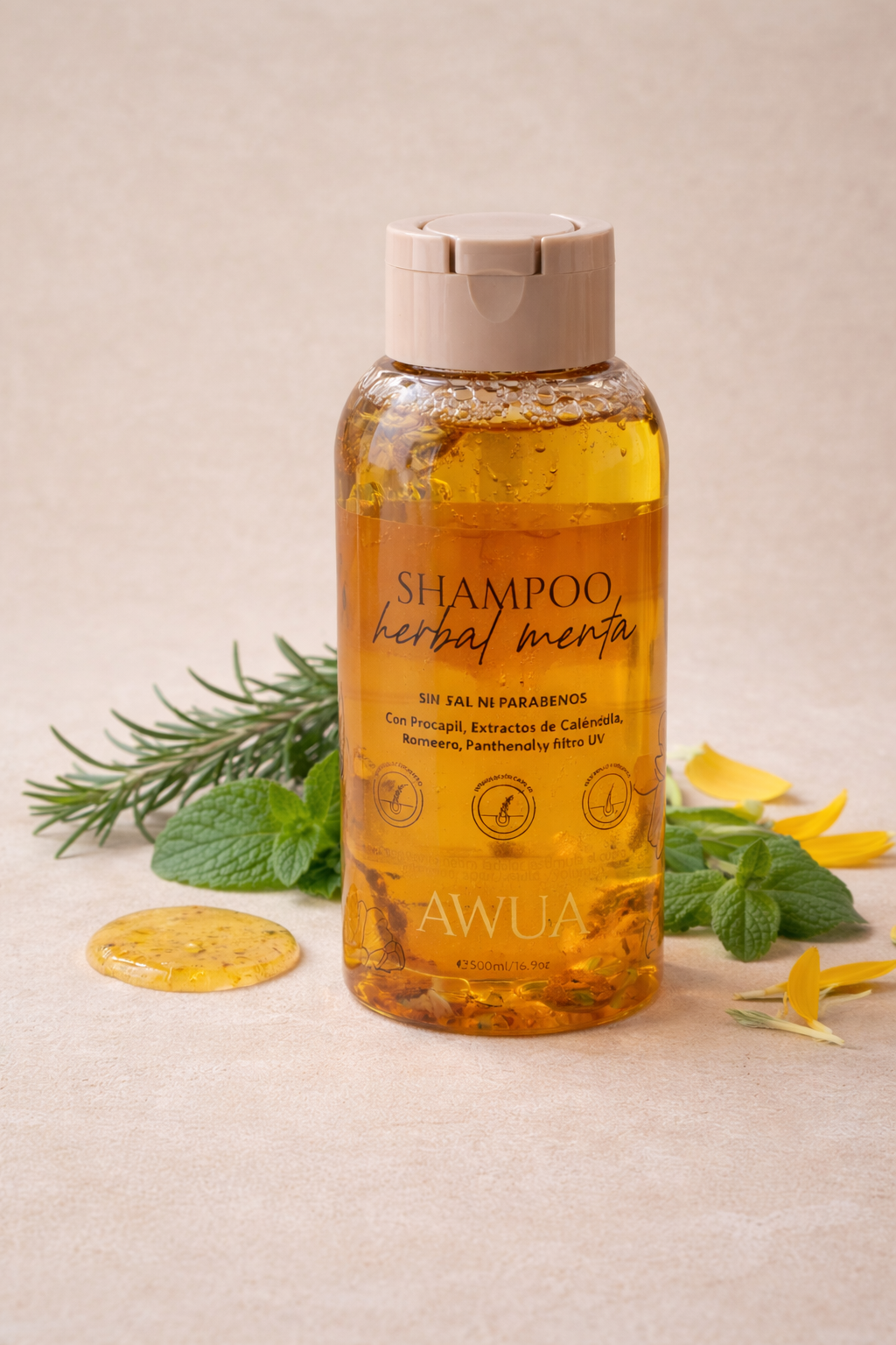 Shampoo herbal de crecimiento capilar con romero, menta y caléndula AWUA Colombia